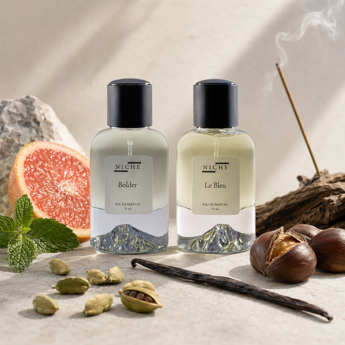 Blue Chestnut Layering Set — two Niche Essences perfumes with key fragrance notes