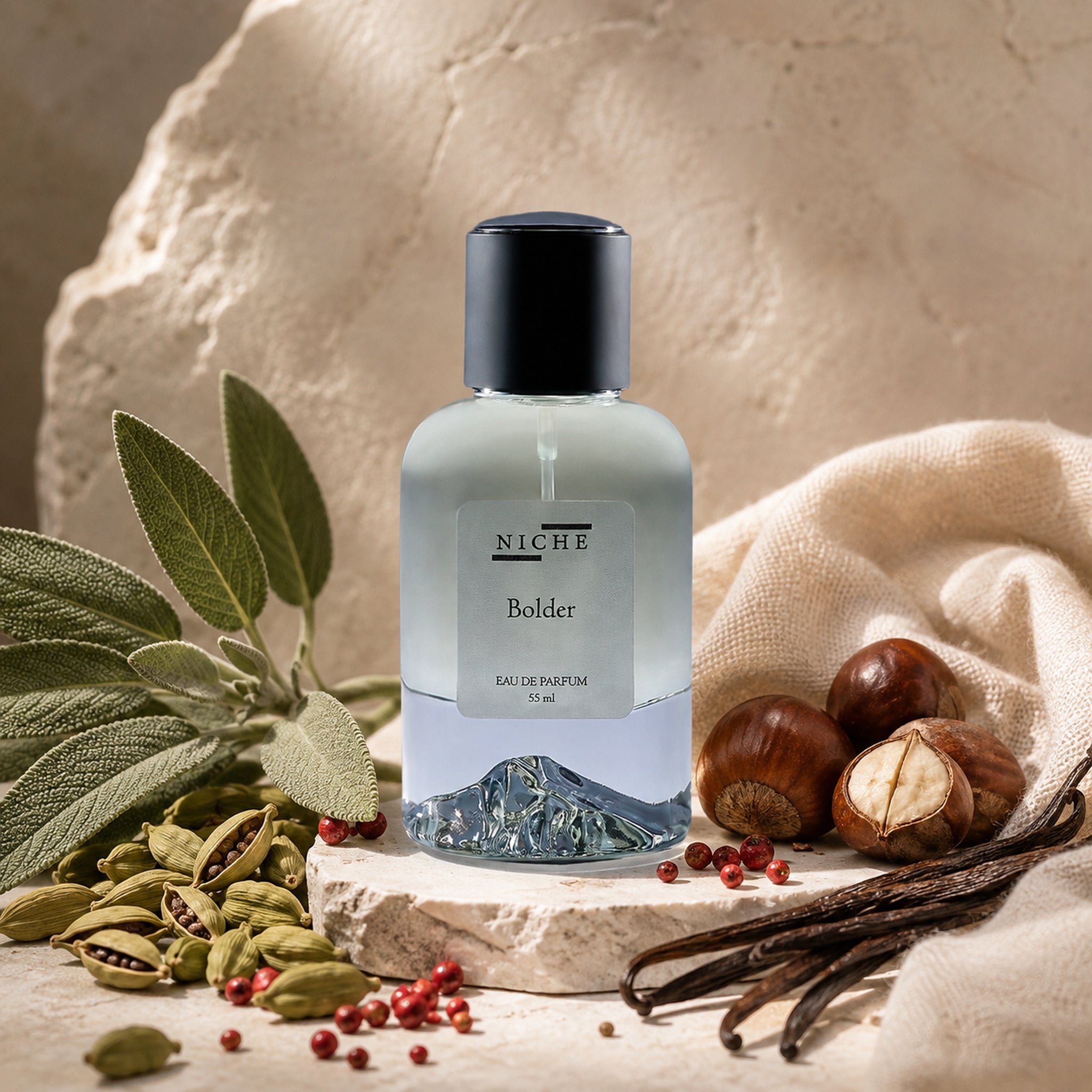 BOLDER by Niche Eau de Parfum (Inspired by Armani’s Stronger With You) with a sensorial composition of its fragrance notes