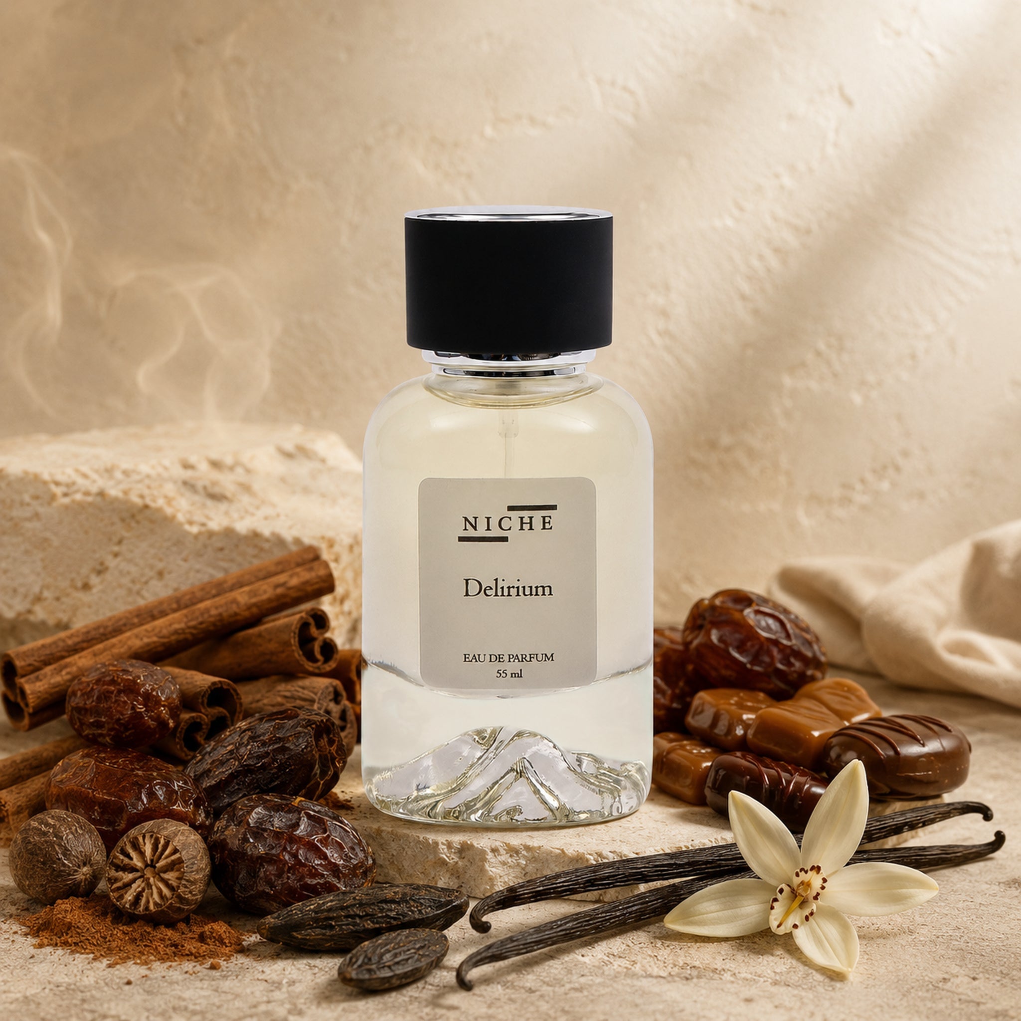 DELIRIUM by Niche Eau de Parfum (Inspired by Latafa's Khamrah) with a sensorial composition of its fragrance notes