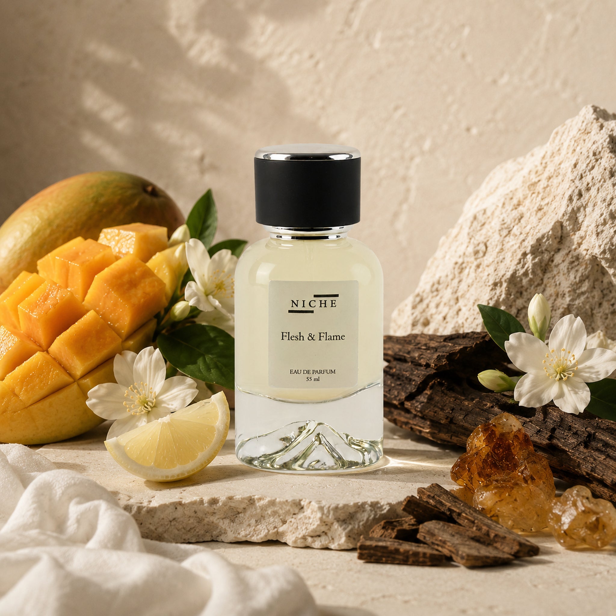 Flesh & Flame by Niche Eau de Parfum (Inspired by Stephane Humbert Lucas's God Of Fire) with a sensorial composition of its fragrance notes