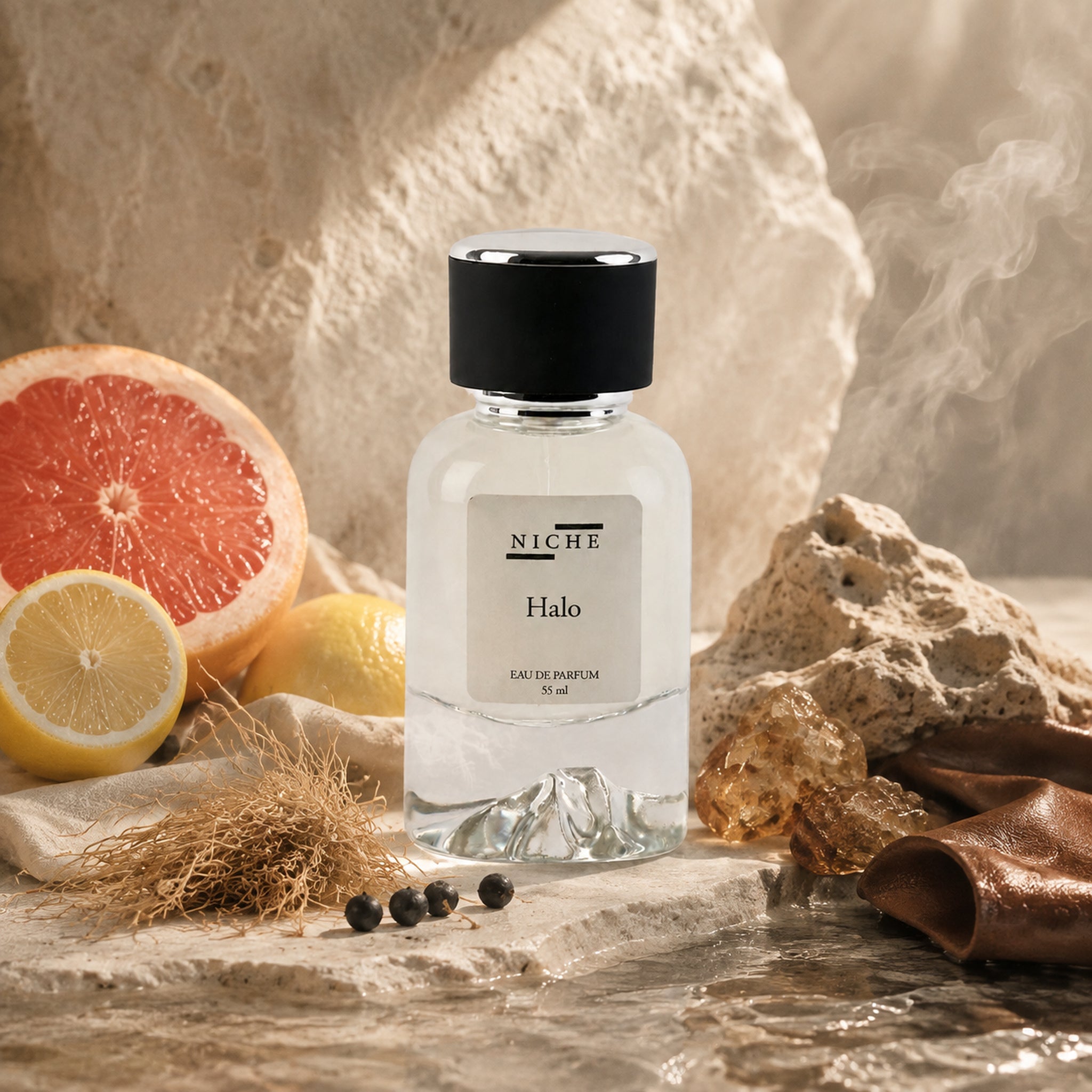 HALO BY NICHE EAU DE PARFUM (INSPIRED BY ROJA'S ELYSIUM) with a sensorial composition of its fragrance notes