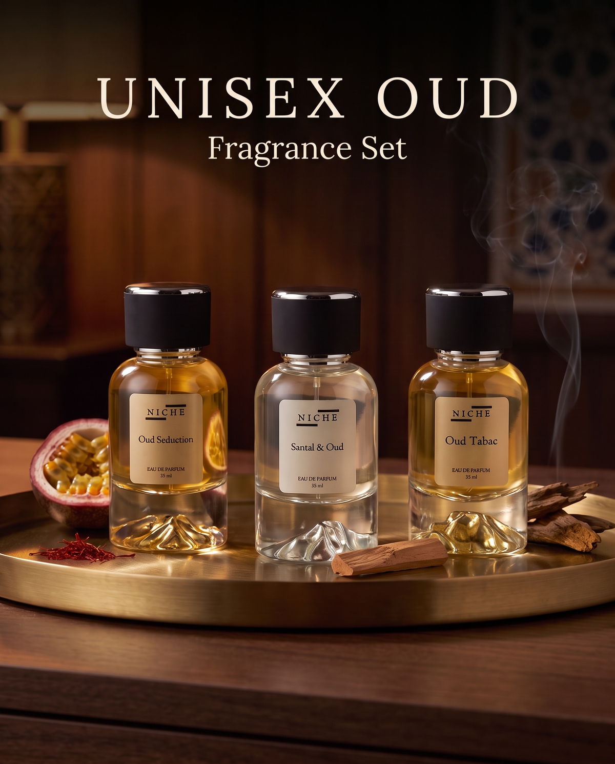 Unisex Oud Fragrance Set bottles on a brass tray