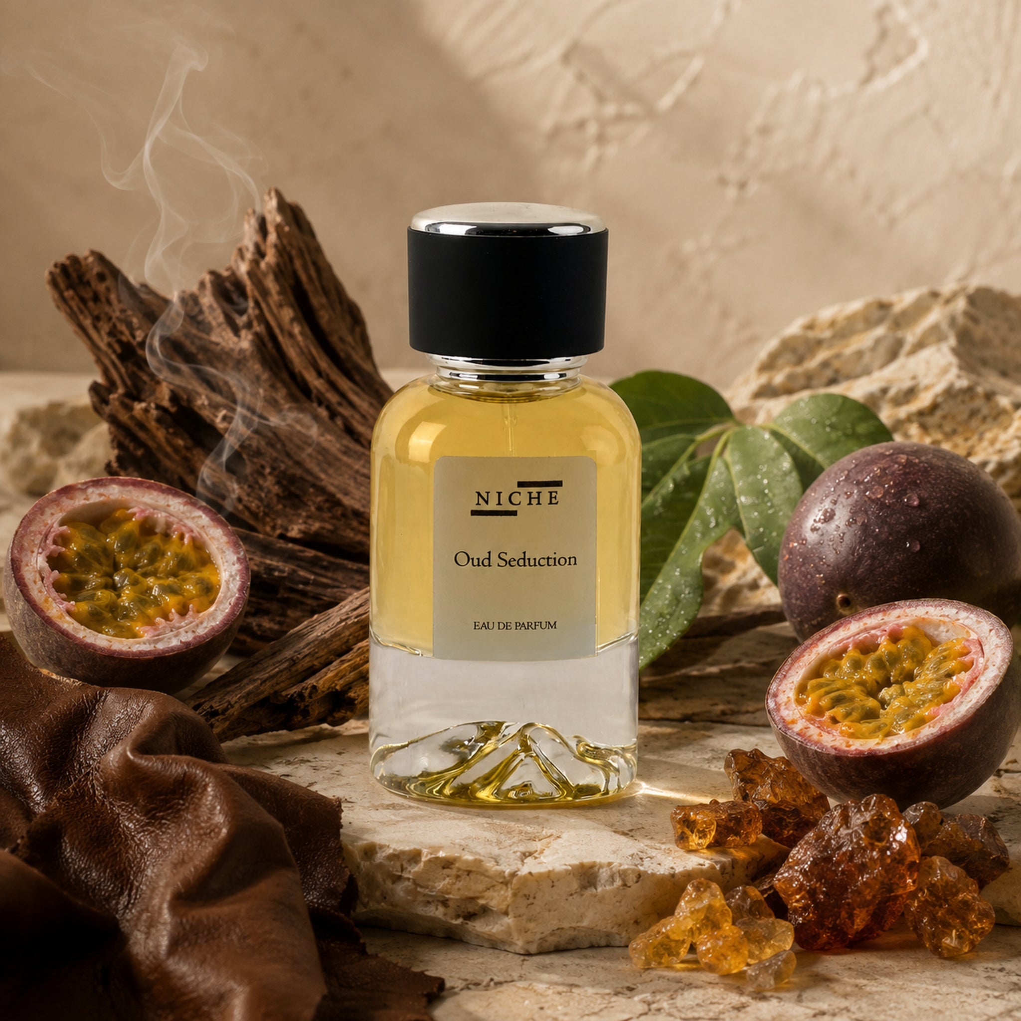 OUD SEDUCTION by Niche Eau de Parfum (Inspired by Maison Crivelli's Oud Maracuja) with a sensorial composition of its fragrance notes
