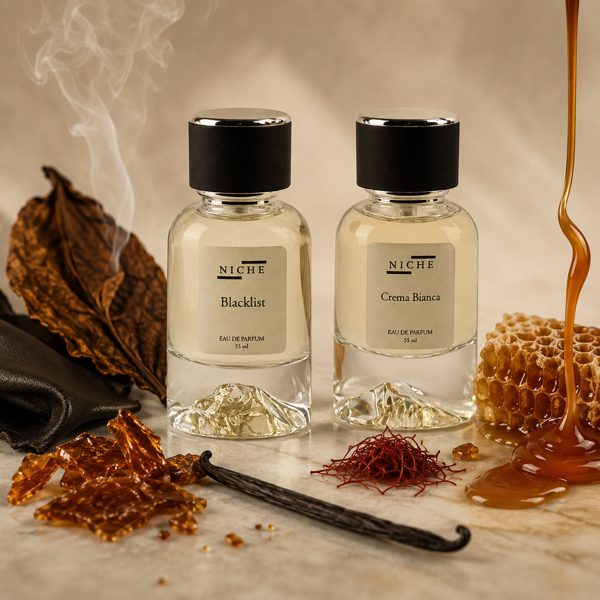 Smoked Caramel Layering Set — two Niche Essences perfumes with key fragrance notes