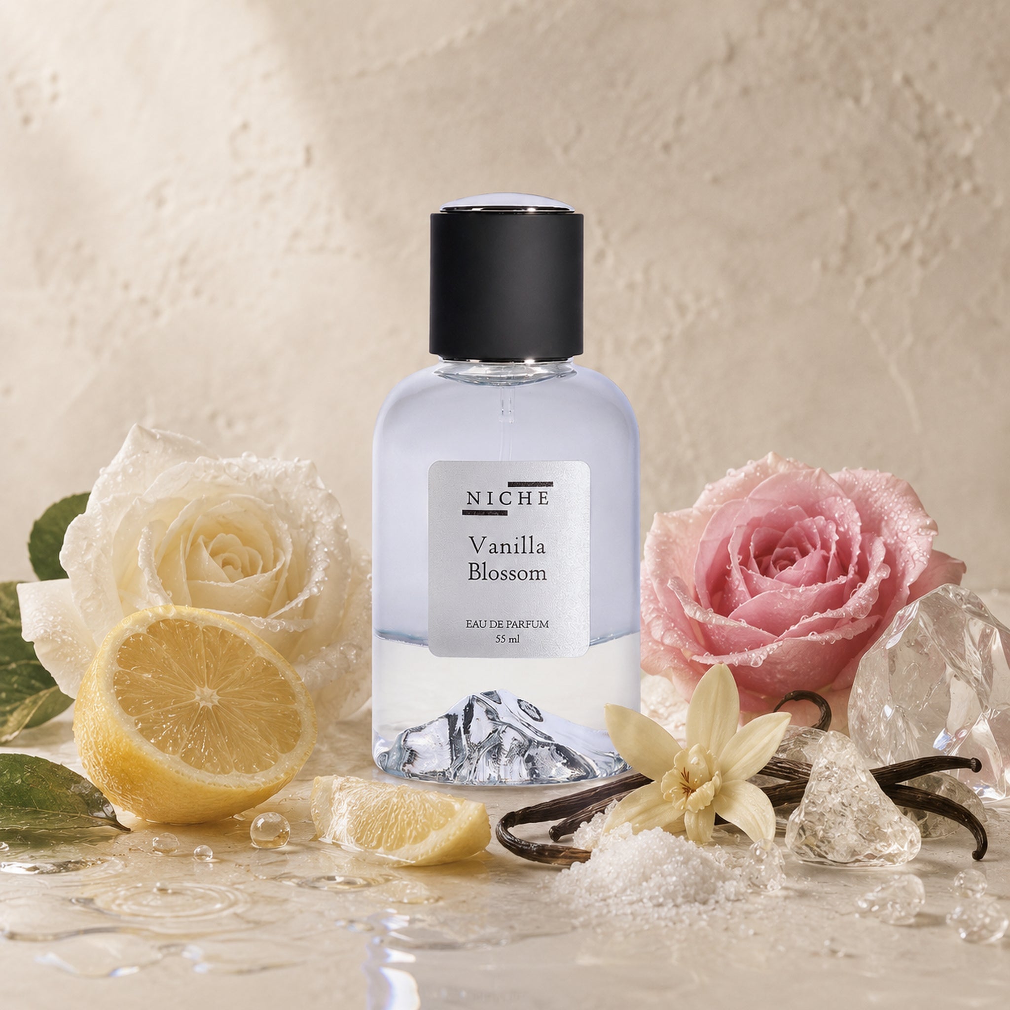 VANILLA BLOSSOM by Niche Eau de Parfum (Inspired by Mancera's Roses Vanille) with a sensorial composition of its fragrance notes