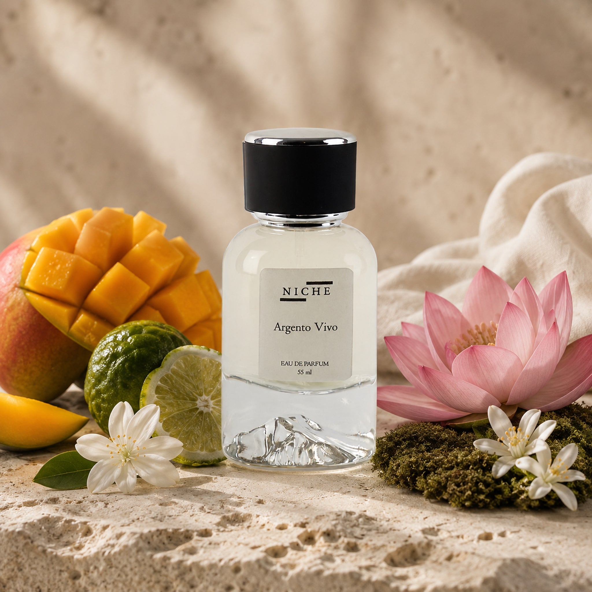ARGENTO VIVO by Niche Eau de Parfum (Inspired by Xerjoff's Torino 24) with a sensorial composition of its fragrance notes