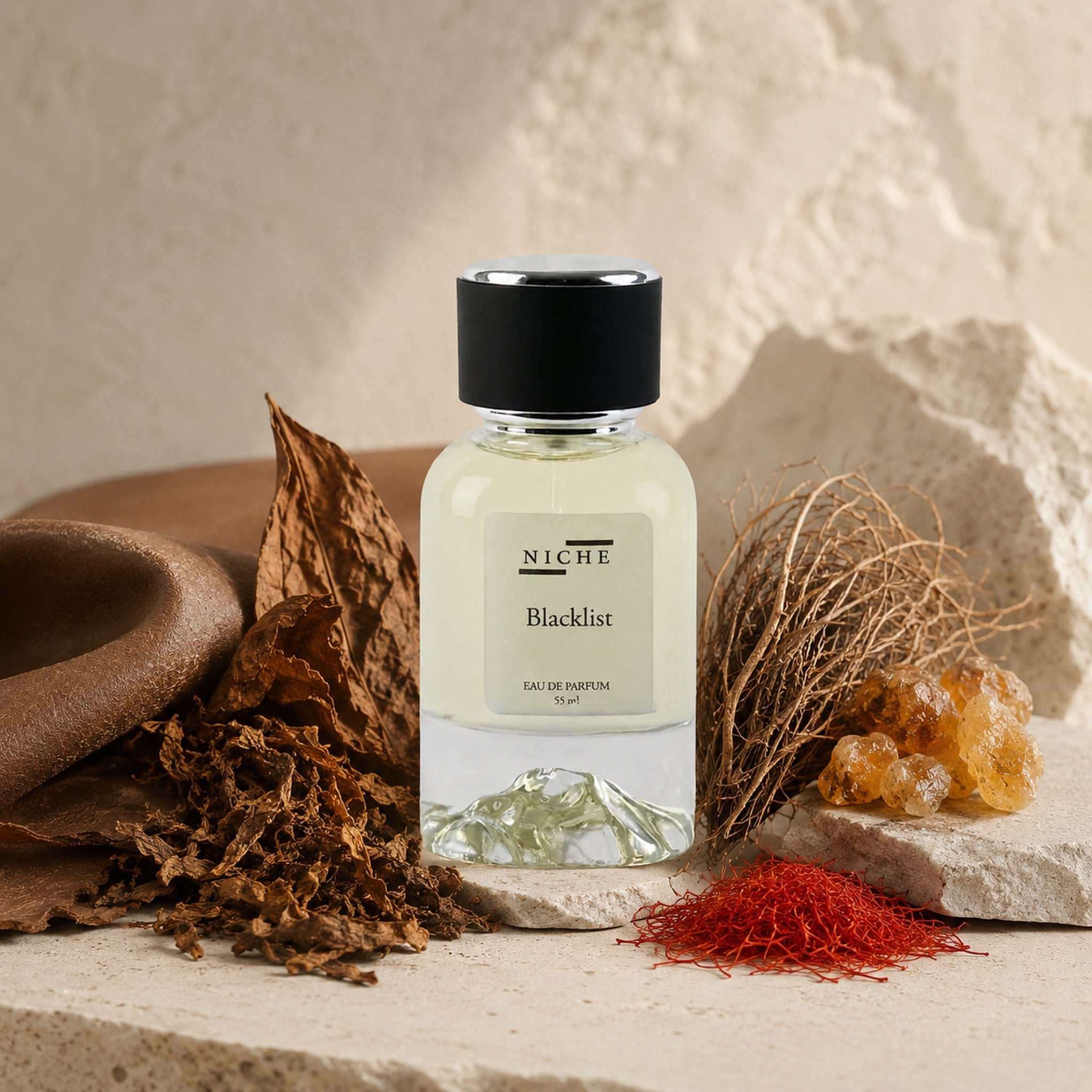 BLACKLIST BY NICHE EAU DE PARFUM (INSPIRED BY GIORGIO ARMANI'S NOIR KOGANE) with a sensorial composition of its fragrance notes
