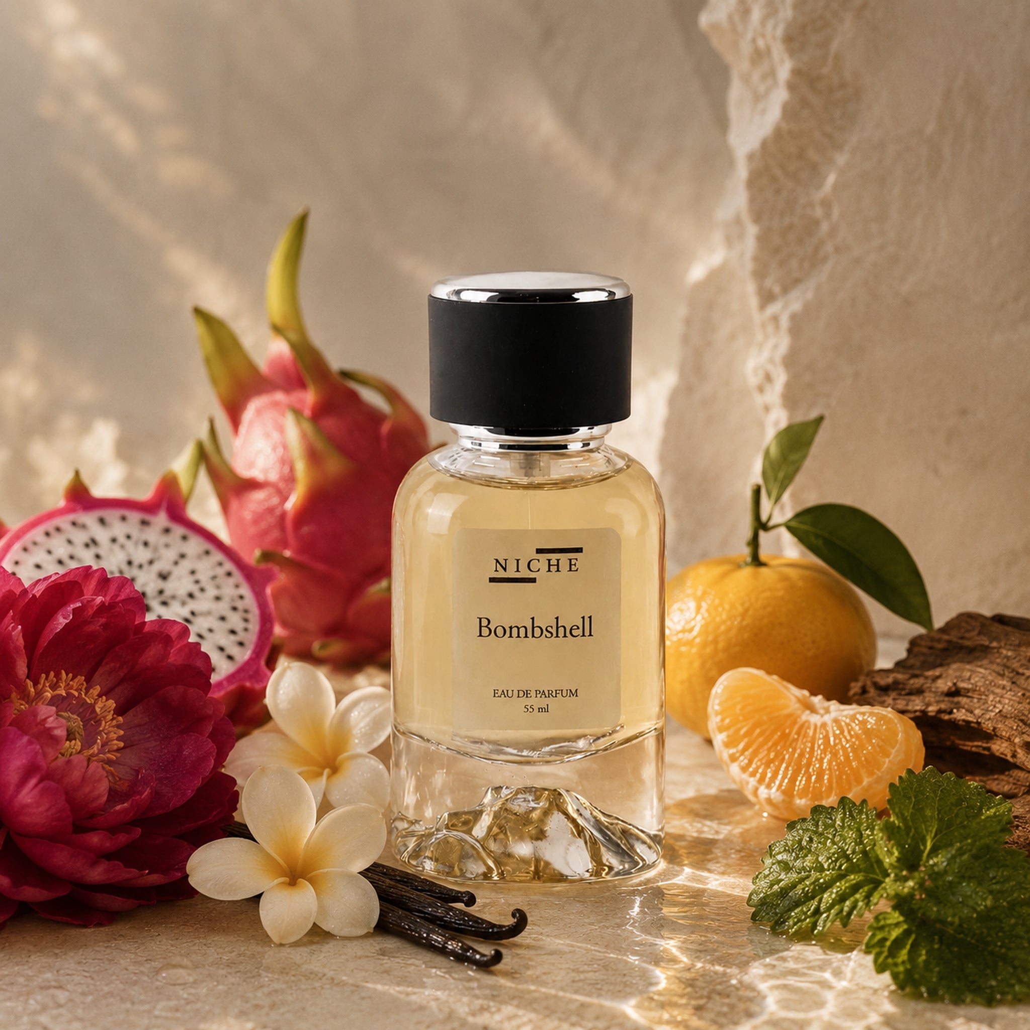 BOMBSHELL BY NICHE EAU DE PARFUM (INSPIRED BY CAROLINA HERERA'S LA BOMBA) with a sensorial composition of its fragrance notes