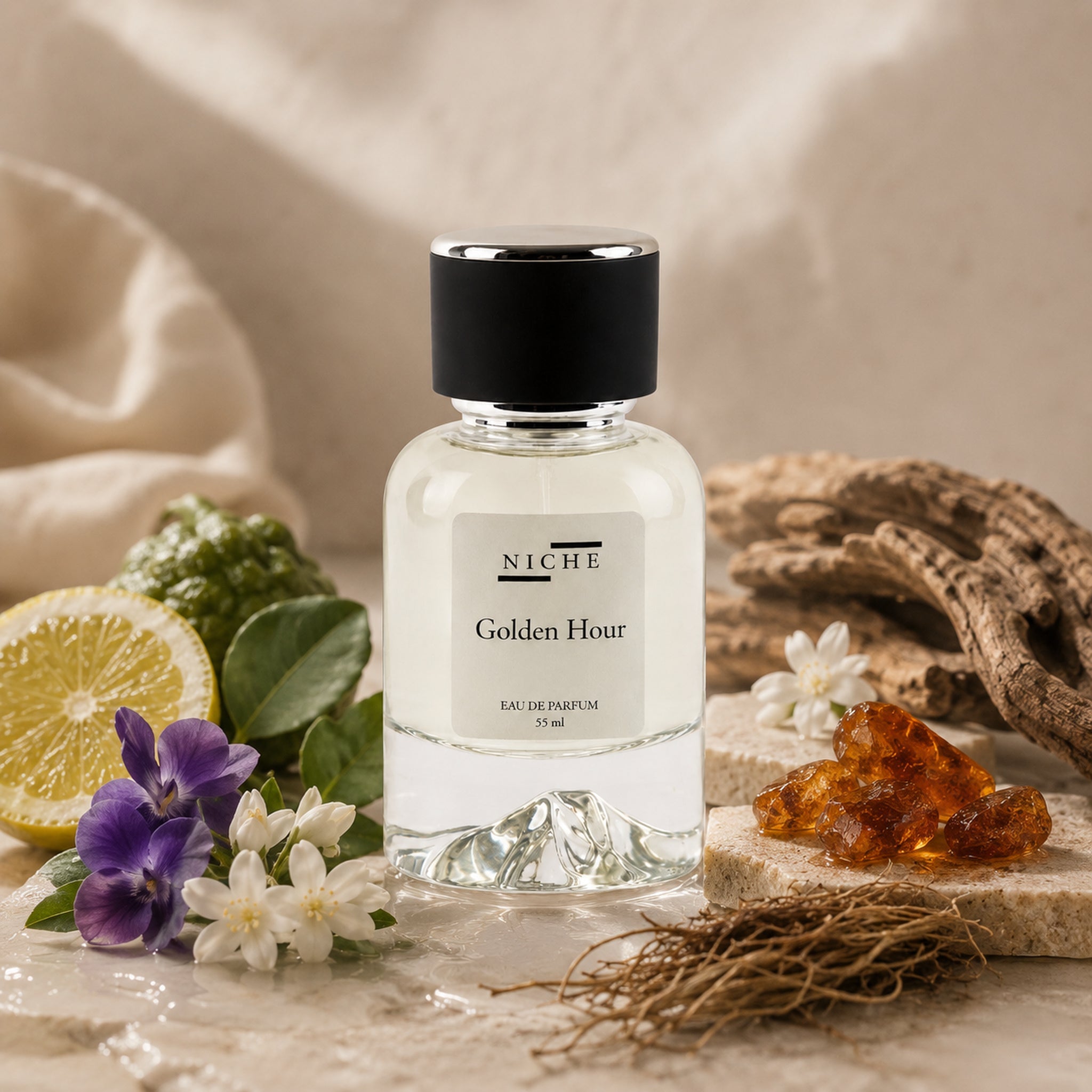 GOLDEN HOUR BY NICHE EAU DE PARFUM (INSPIRED BY BYREDO'S BAL D'AFRIQUE) with a sensorial composition of its fragrance notes