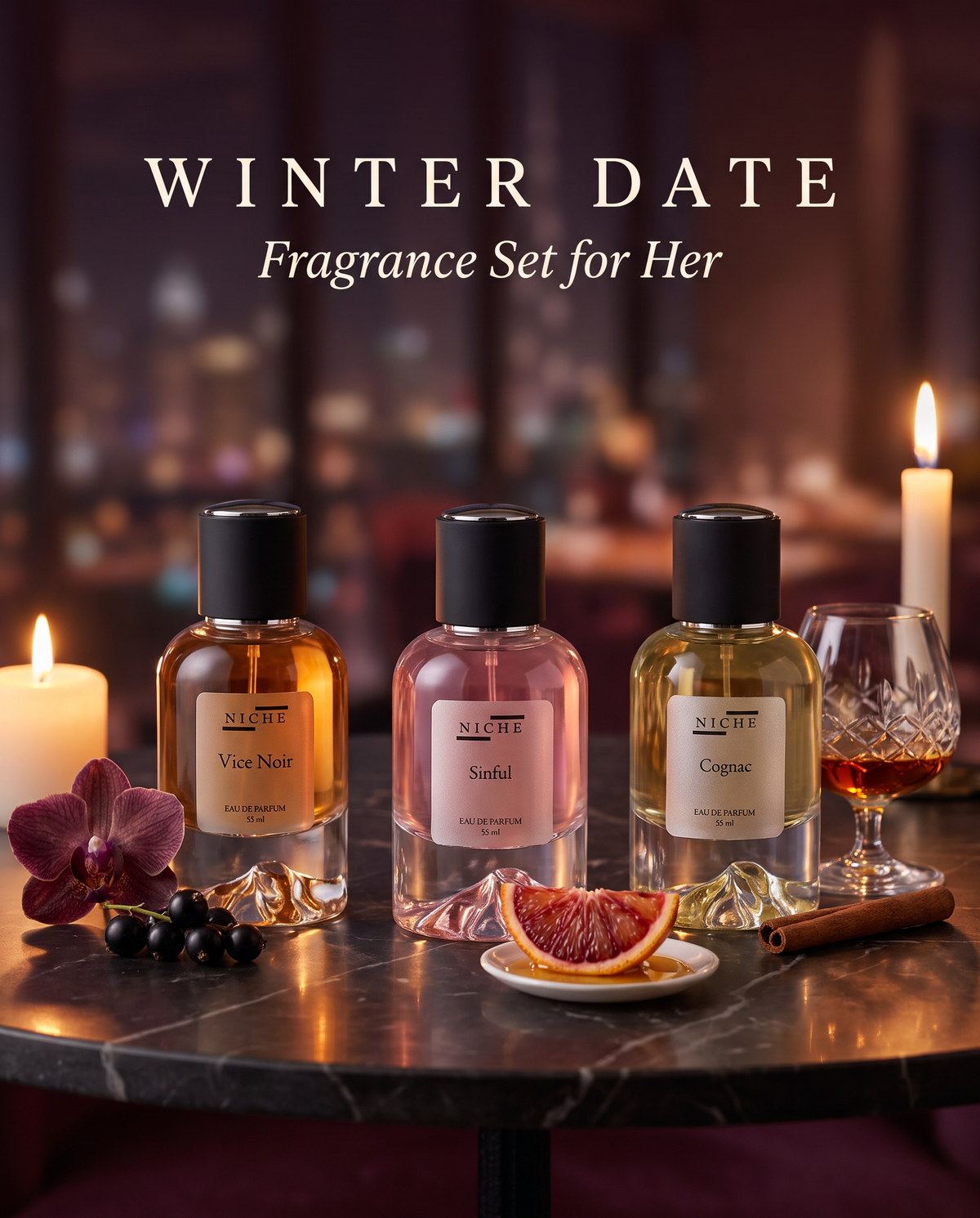 Winter Date Fragrance Set for Her bottles on a marble table