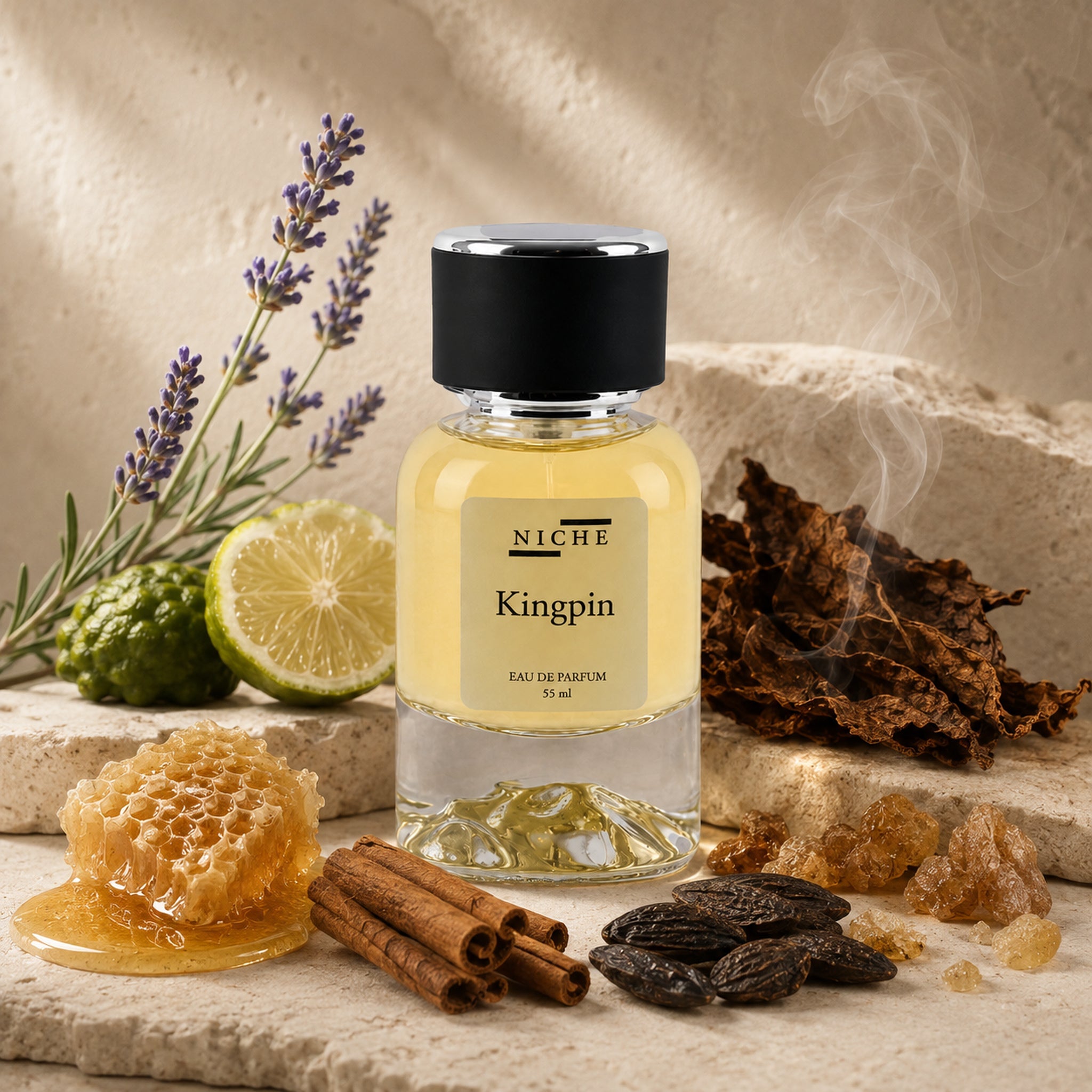 KINGPIN BY NICHE EAU DE PARFUM (INSPIRED BY XERJOFF'S NAXOS) with a sensorial composition of its fragrance notes