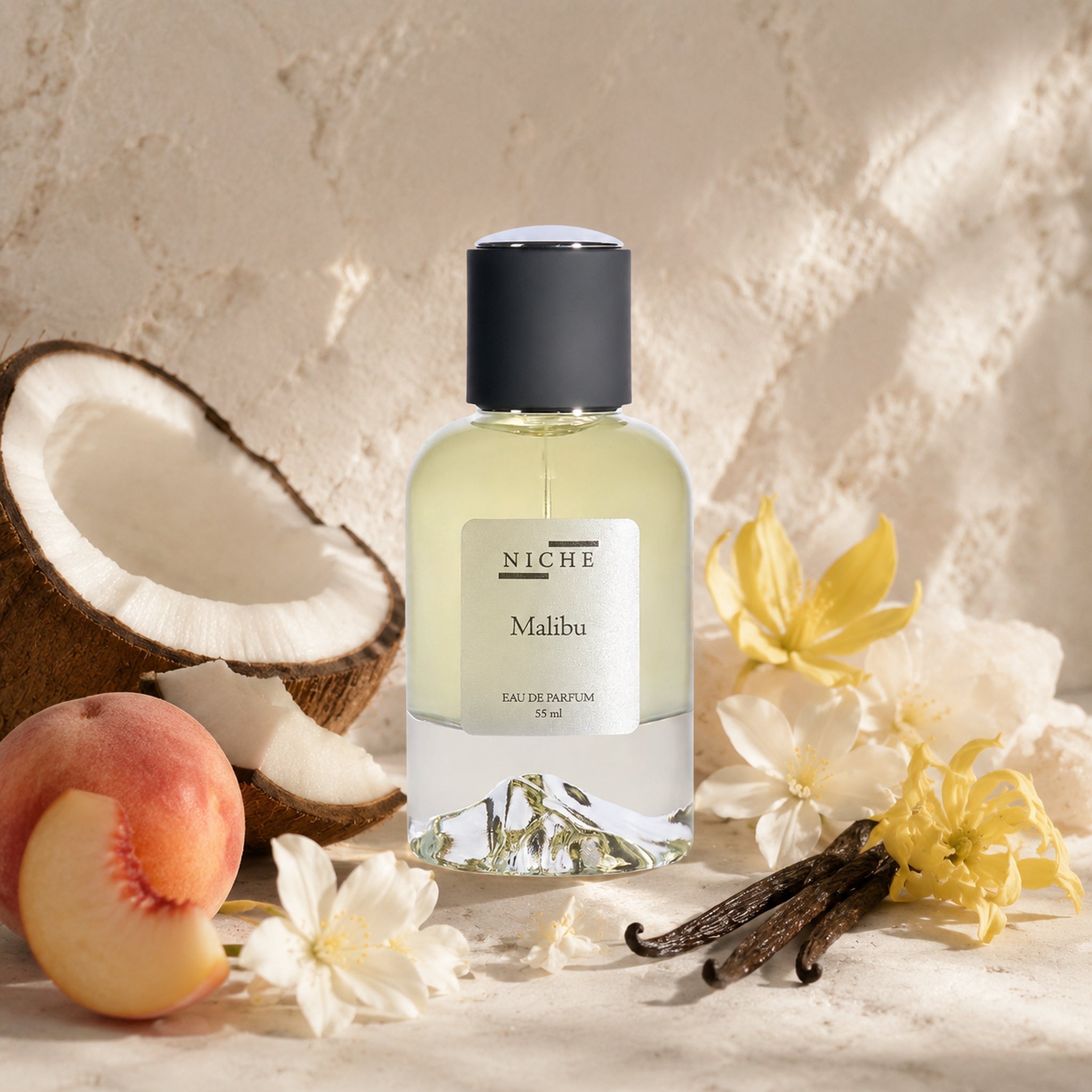 MALIBU by Niche Eau de Parfum (Inspired by Mancera's Coco Vanille) with a sensorial composition of its fragrance notes