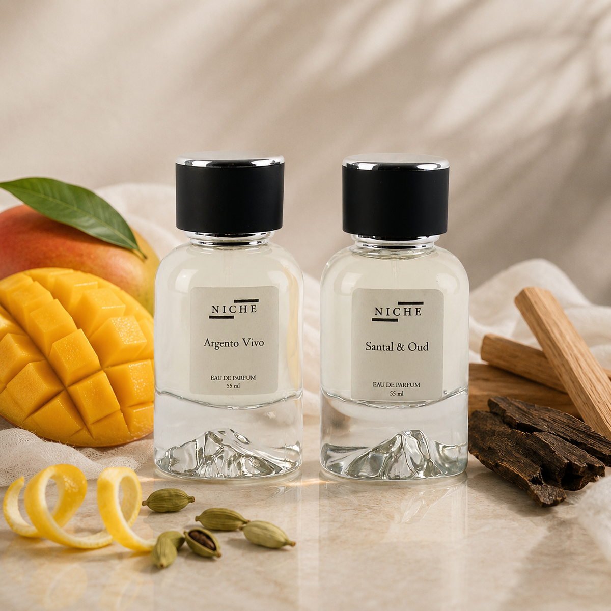 Mango Sandalwood Layering Set — two Niche Essences perfumes with key fragrance notes