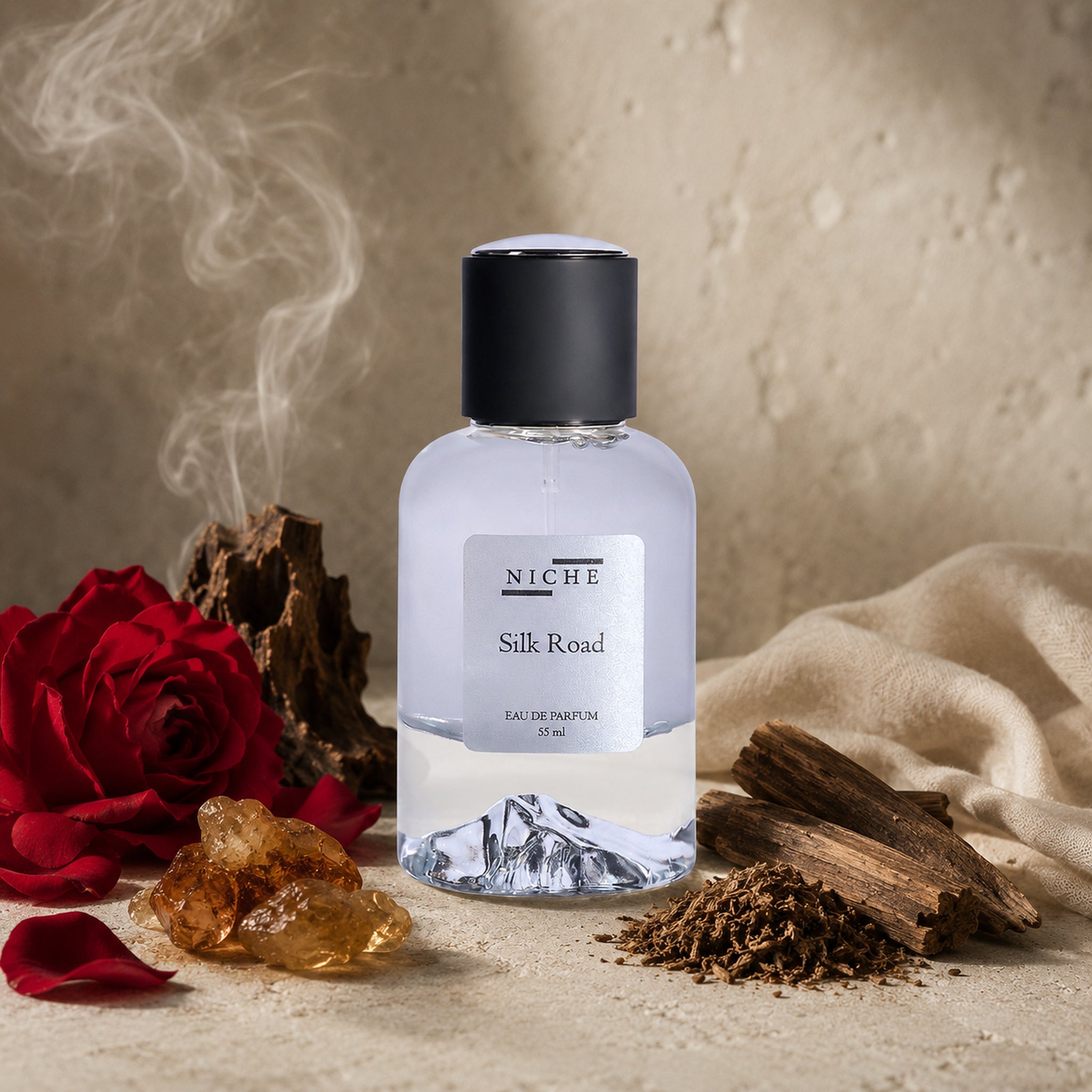 SILK ROAD by Niche Eau de Parfum (Inspired by Dior's Oud Ispahan) with a sensorial composition of its fragrance notes