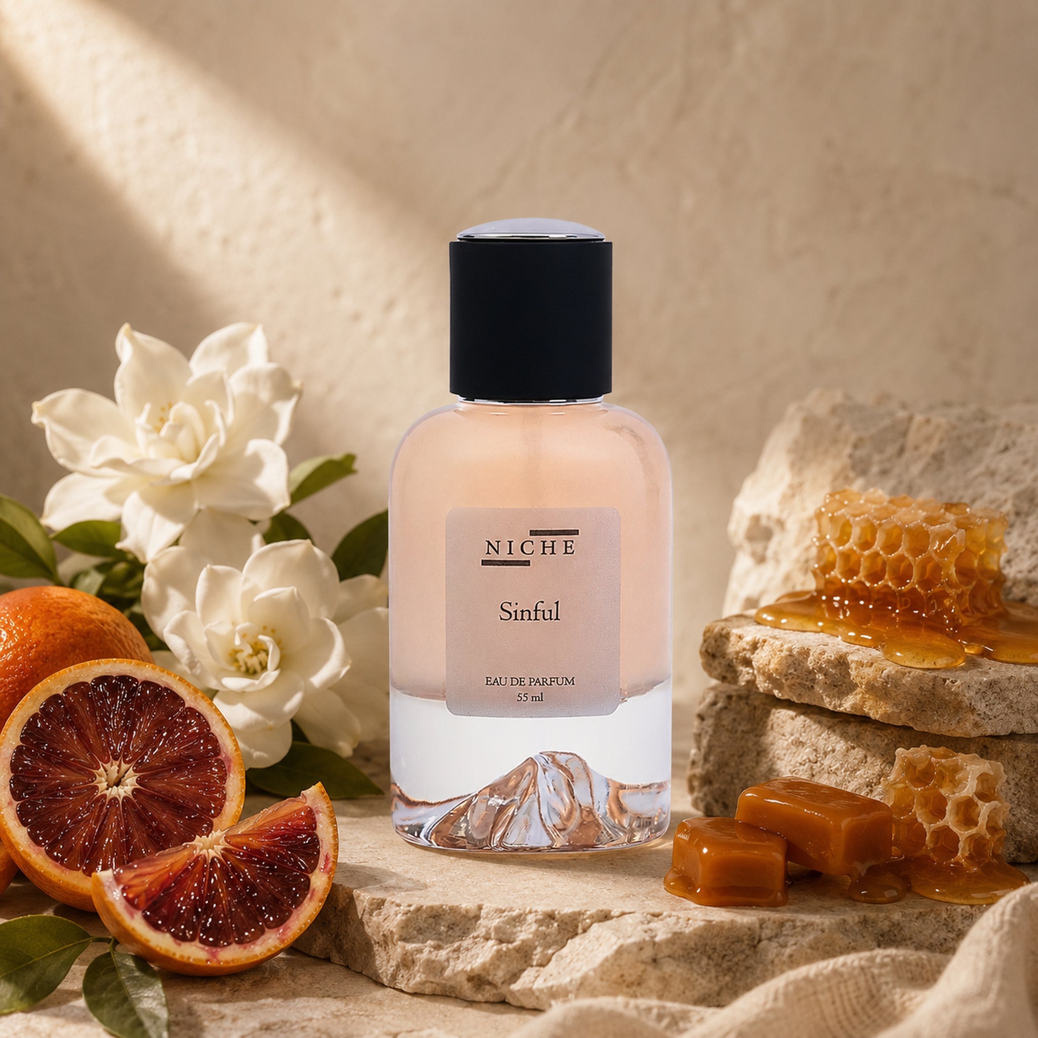SINFUL by Niche Eau de Parfum (Inspired by JPG's Scandal) with a sensorial composition of its fragrance notes