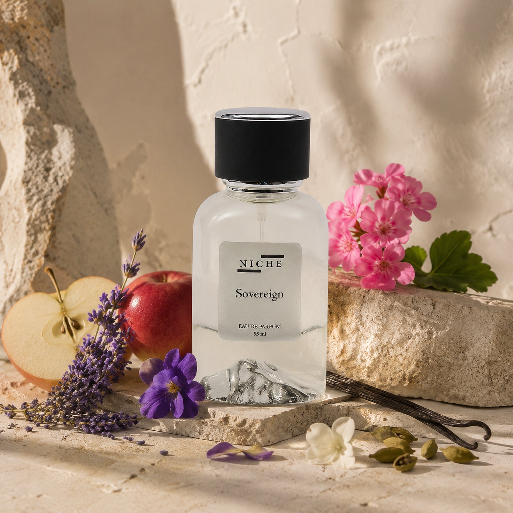 SOVEREIGN BY NICHE EAU DE PARFUM (INSPIRED BY PDM'S LAYTON) with a sensorial composition of its fragrance notes